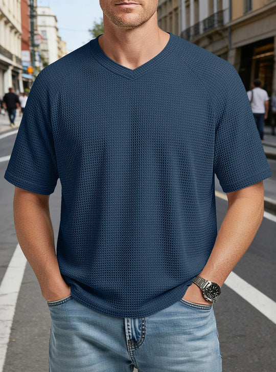 Herren nan lässiges V-Ausschnitt Waffelstrick-T-Shirt aus atmungsaktivem Baumwollmix