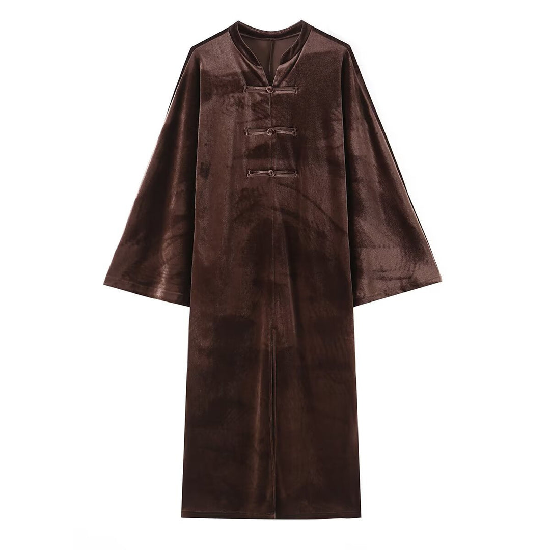 Damen Langer Samt-Mantel im Kimono‑Stil mit Mandarin‑Kragen und Knotenverschlüssen Shop Nory