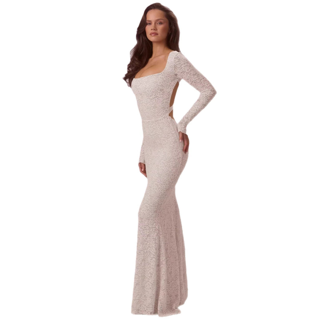 Damen Elegantes Spitzen-Maxikleid mit taillierter Silhouette und langem Arm Shopnory