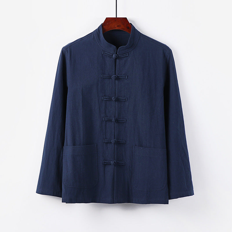 Herren traditionelle Tang-Jacke mit Stehkragen und Knotenknöpfen aus Leinenmischung Shop Nory
