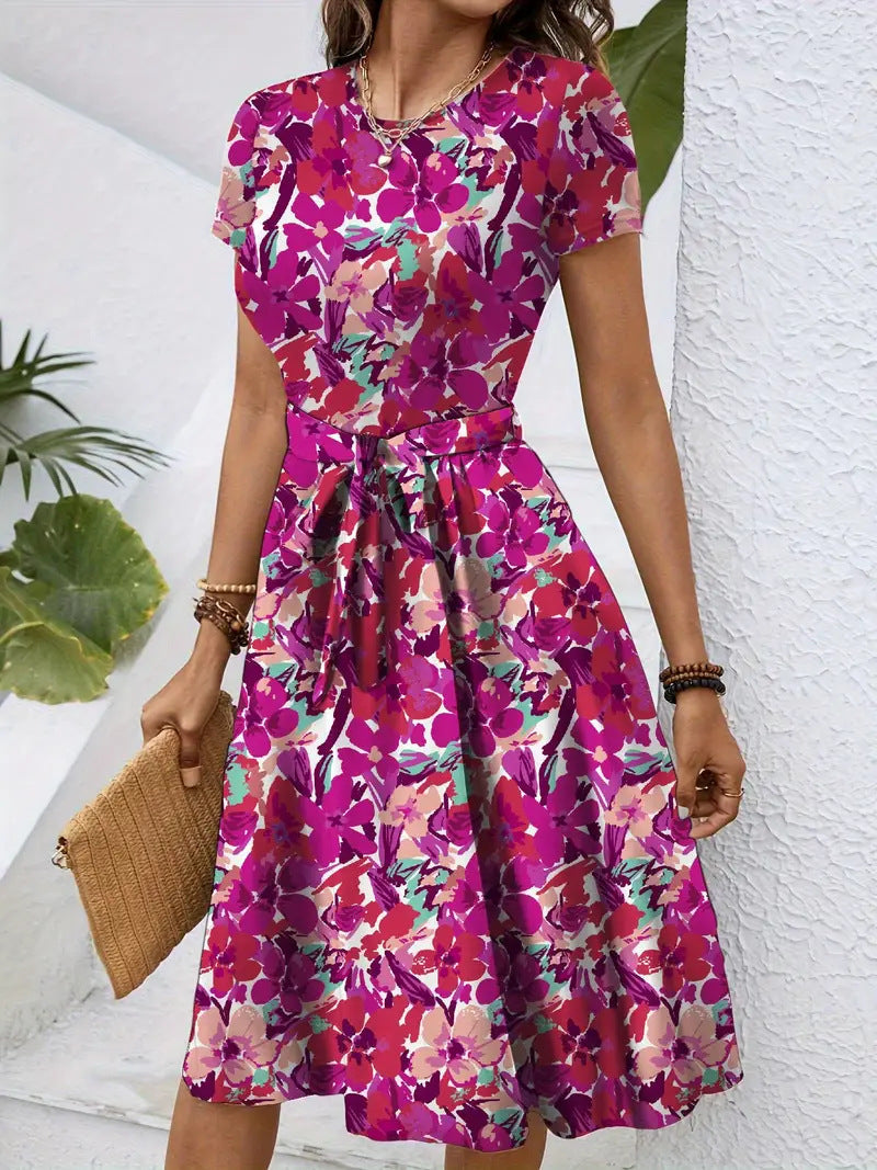Damen Elegantes Midikleid mit floralem Design und Taillengürtel Shopnory