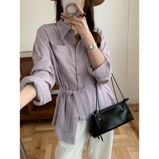 Damen Weit geschnittene Leinen‑Hemdbluse mit Taillengürtel und Brusttasche Shop Nory