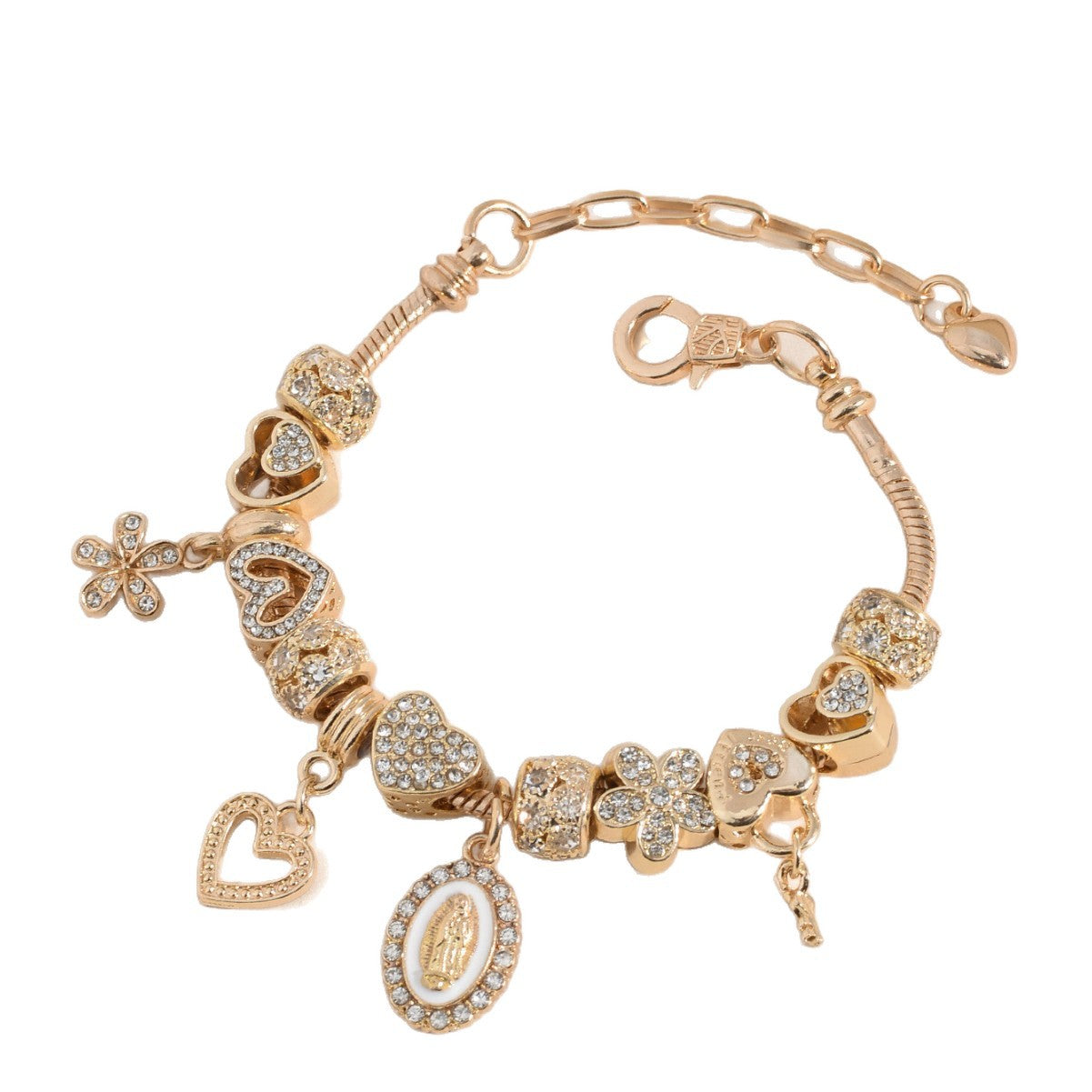 Verstellbares Charm-Armband mit Herz-, Blumen- und Medaillon-Anhängern