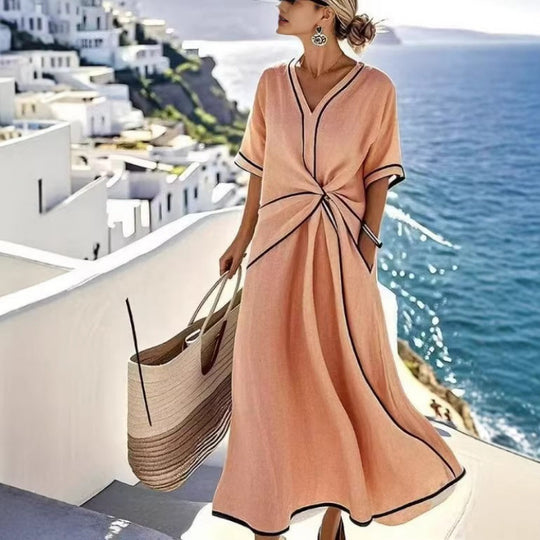 Damen Maxikleid mit V-Ausschnitt, seitlichem Knoten und Kontrastpaspeln Shop Nory