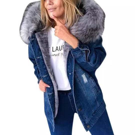 Damen Oversize Denim-Parka mit abnehmbarem Kunstpelzkragen und Used-Effekt Shop Nory