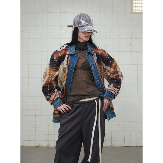 Unisex Weit geschnittene Jacquard-Linerjacke mit Denim-Besatz und grafischem Ethno-Muster Shop Nory