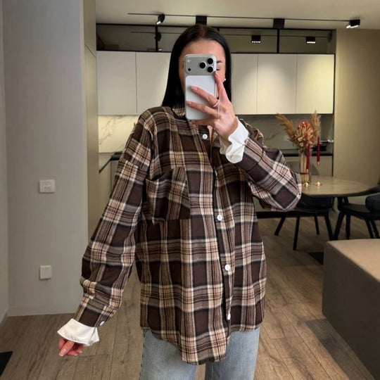 Damen Kariertes Flanell-Overshirt mit Hemdblusenkragen, Relaxed-Fit und aufgesetzter Brusttasche Shop Nory