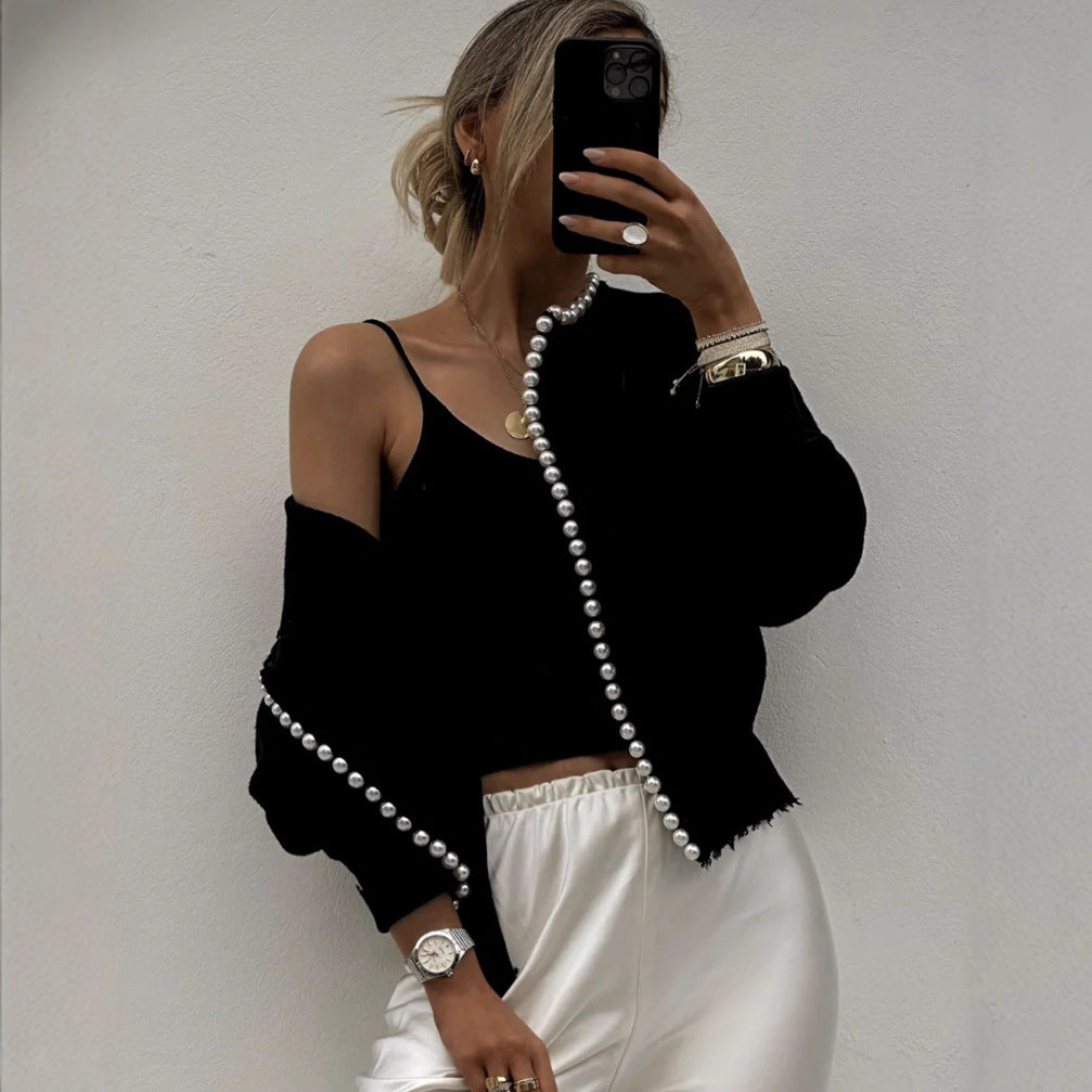 Damen Perlenverzierter Feinstrick-Cardigan mit Ballonärmeln Shop Nory