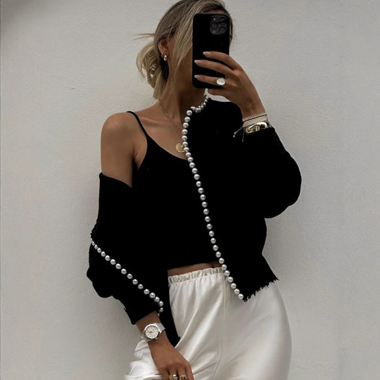 Damen Perlenverzierter Feinstrick-Cardigan mit Ballonärmeln Shop Nory
