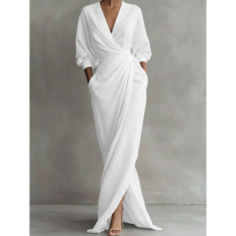 Damen Drapiertes Wickel-Maxikleid mit tiefem V-Ausschnitt, Taillen-Twist und Eingrifftaschen Shop Nory