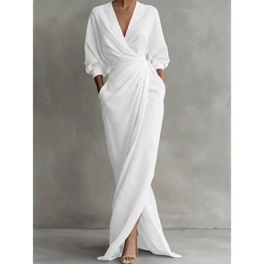 Damen Drapiertes Wickel-Maxikleid mit tiefem V-Ausschnitt, Taillen-Twist und Eingrifftaschen Shop Nory