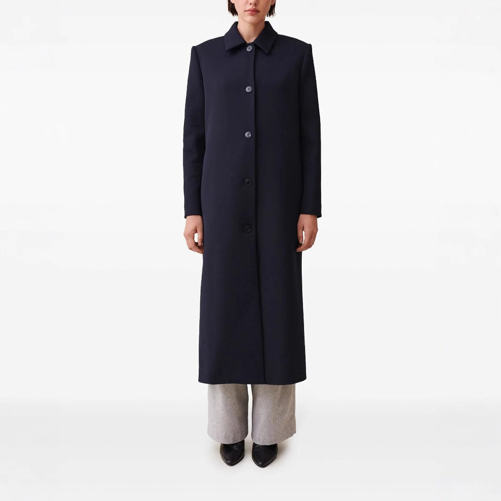 Damen langer minimalistischer Mantel mit geradem Schnitt und Hemdkragen Shop Nory