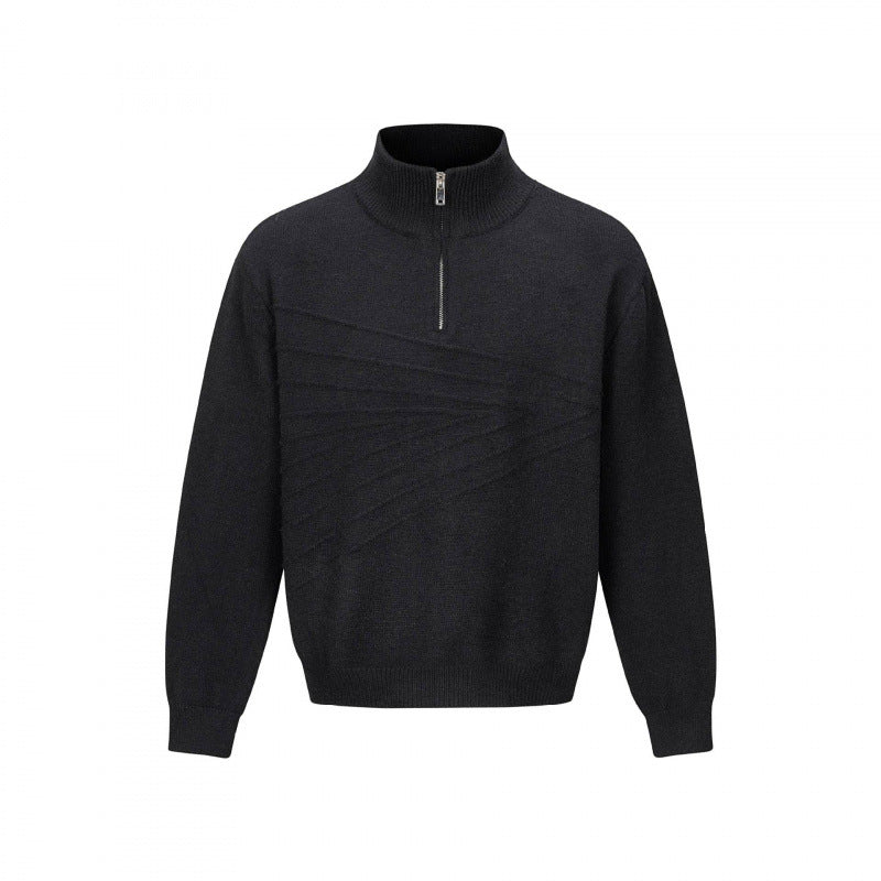 Unisex Feinstrick-Halbzipp-Pullover mit Stehkragen und diagonaler Struktur Shop Nory
