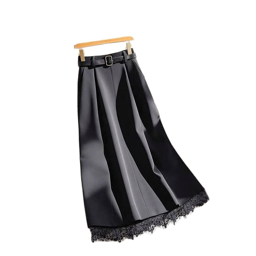 Damen Midirock mit Plisseefalten, hoher Taille, Taillengürtel und Spitzenbesatz Shop Nory