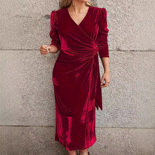 Damen Wickel-Midikleid aus Samt mit Puffärmeln und geraffter Taillenpartie Shop Nory