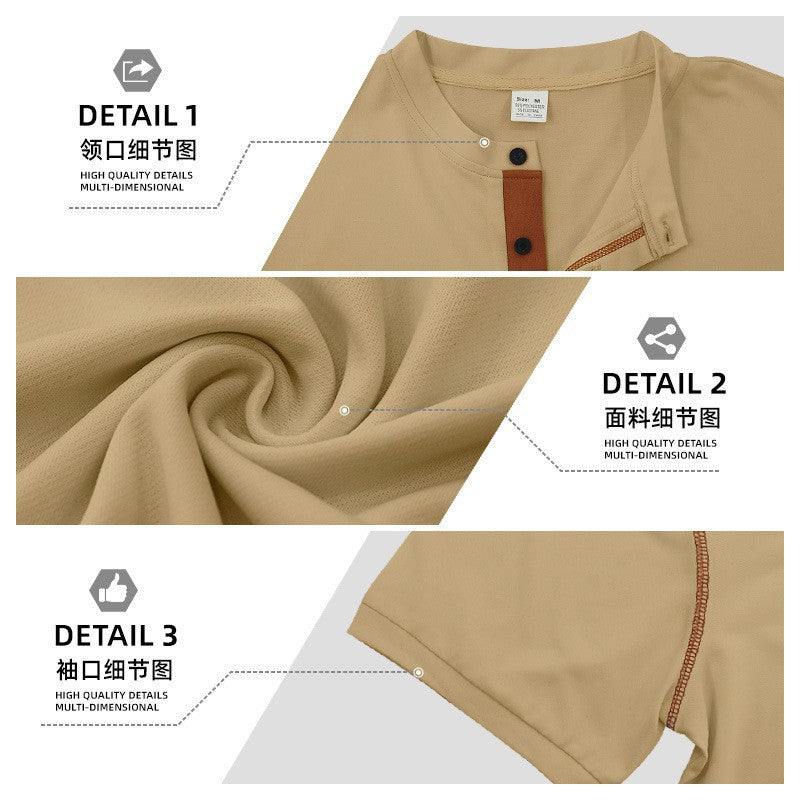 Herren nan kurzärmeliges Henley-Shirt mit Stehkragen, Brusttasche und kontrastierenden Ziernähten