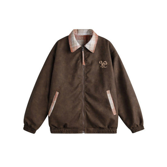 Damen Kurz geschnittene Boxy‑Jacke aus Wildleder‑Optik mit kariertem Kragen und elastischem Saum Shop Nory