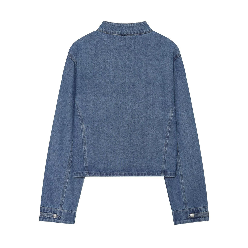 Damen Kurz geschnittene Denimjacke im Militärstil mit Stehkragen und Zierknopfreihen Shop Nory