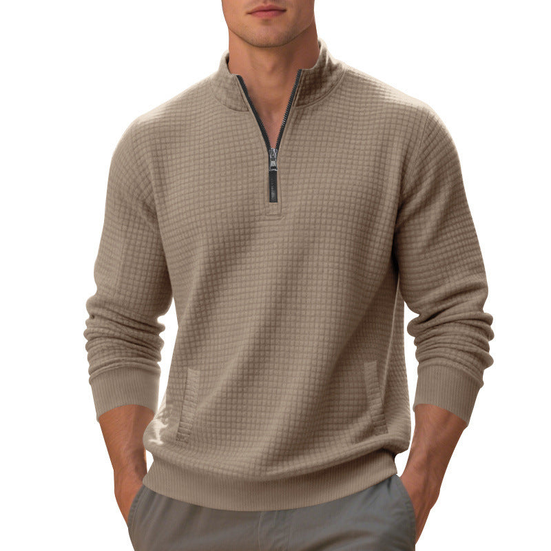 Herren Waffelstrick-Halbzip-Pullover mit Stehkragen, Kängurutasche & gerippten Abschlüssen Shop Nory