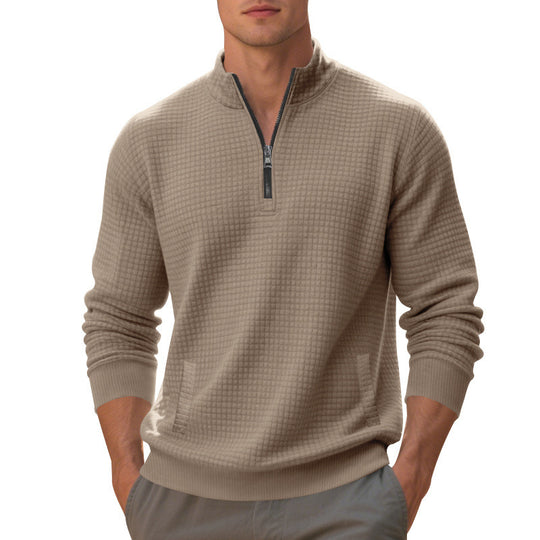 Herren Waffelstrick-Halbzip-Pullover mit Stehkragen, Kängurutasche & gerippten Abschlüssen Shop Nory
