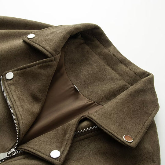 Damen Asymmetrische Veloursleder‑Optik Bikerjacke mit Stehkragen und Zippern Shop Nory
