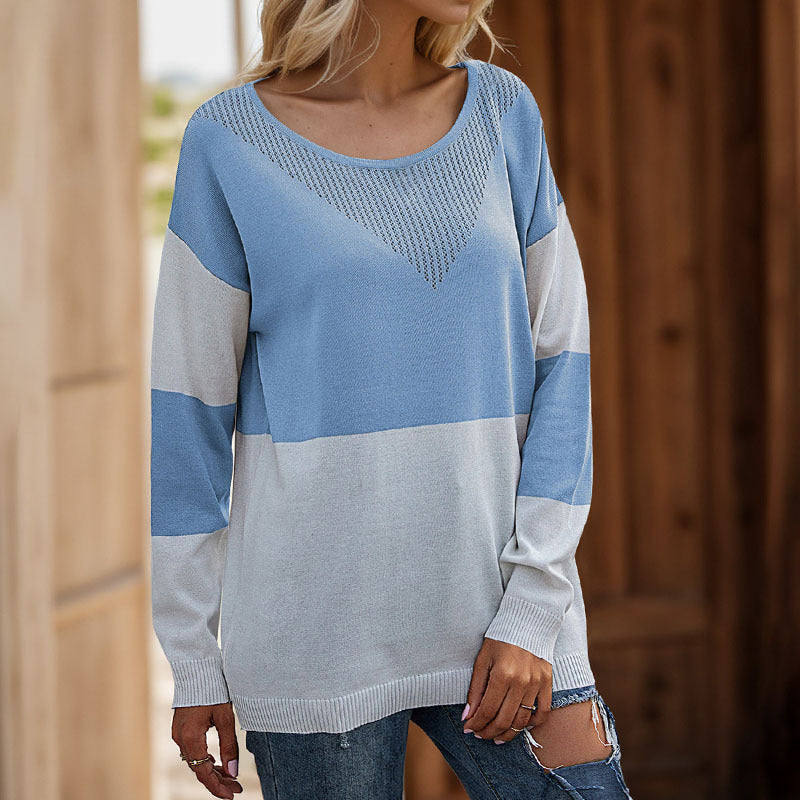 Damen Oversize Strickpullover mit Rundhals, Ajour-Dreieck und Blockstreifen Shop Nory