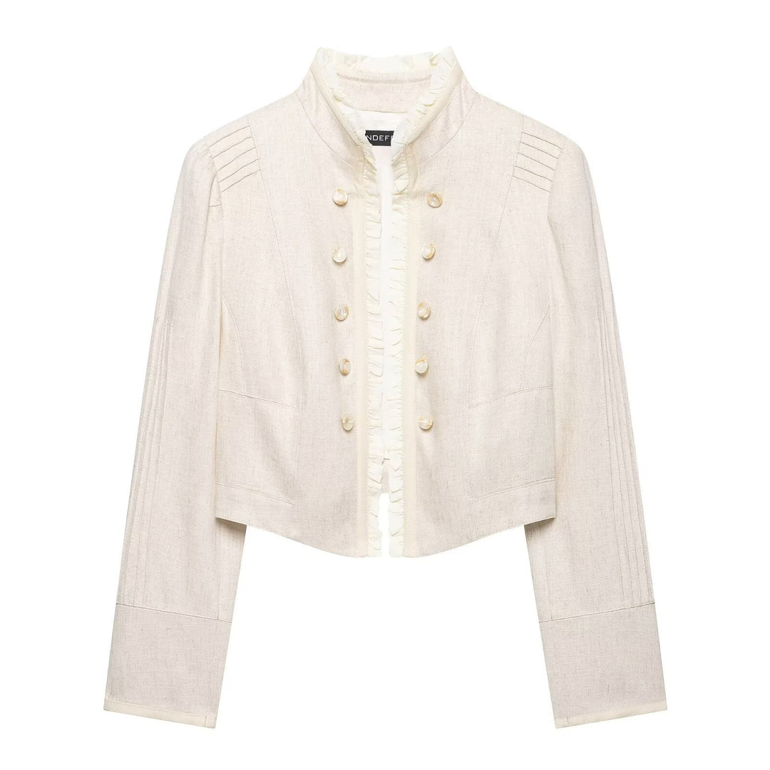 Damen Cropped Jacke mit Stehkragen, Biesenärmeln und Rüschenblende Shop Nory