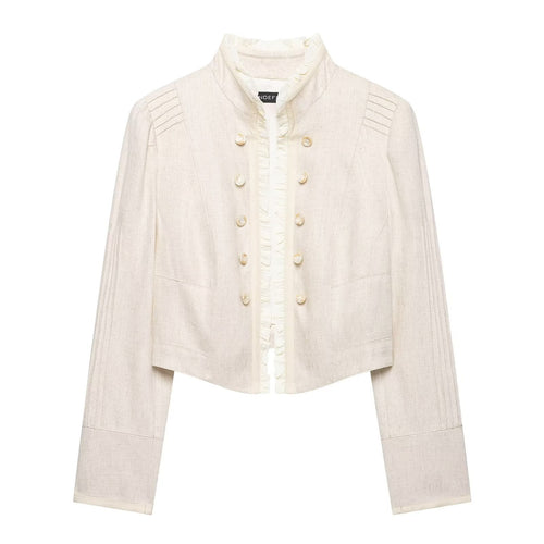 Damen Cropped Jacke mit Stehkragen, Biesenärmeln und Rüschenblende Shop Nory