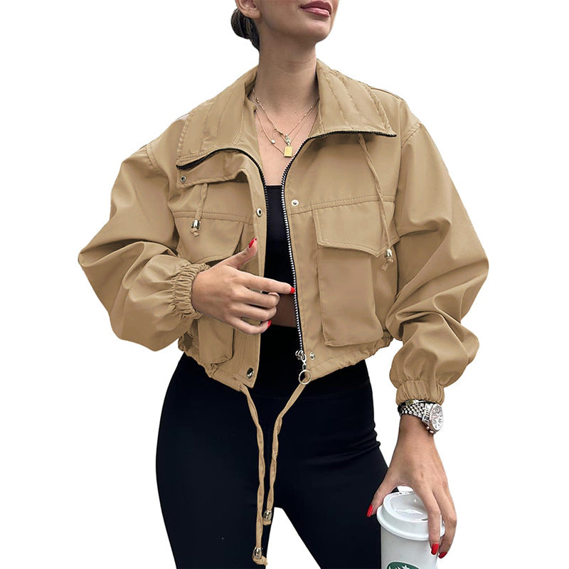 Damen Kurze Utility-Bomberjacke mit Kordelzug und Oversized-Ärmeln Shop Nory