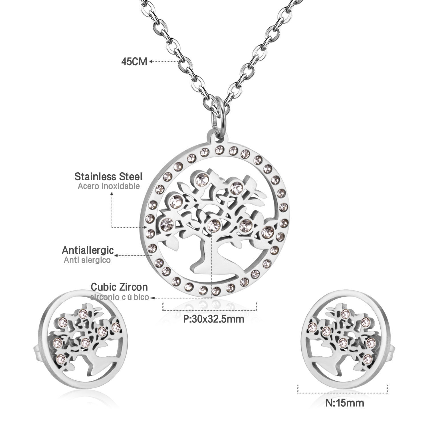 Damen Schmuckset mit Baum-Anhängern aus hochwertigem Edelstahl und goldplattiertem Design Shop Nory