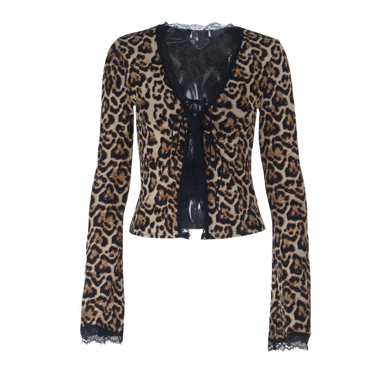 Damen Leoparden-Cardigan mit Spitzenbesatz und Schnürdetail Shop Nory
