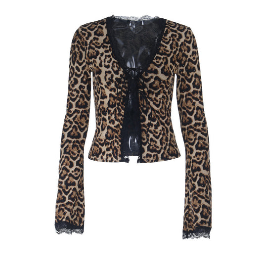 Damen Leoparden-Cardigan mit Spitzenbesatz und Schnürdetail Shop Nory