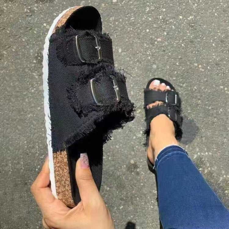 Damen Pantoletten mit modischem Denim-Design und verstellbaren Riemen