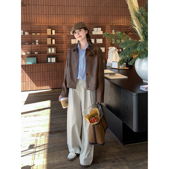 Damen Kurze Boxy-Lederjacke mit Hemdkragen Shop Nory