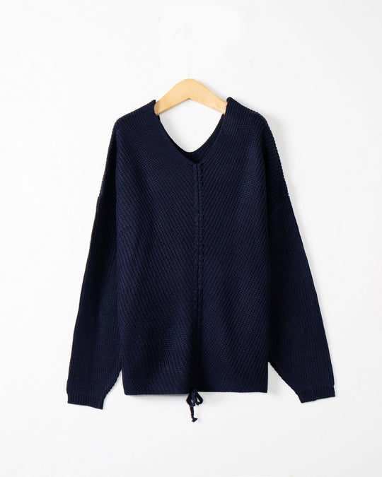 Damen Strickpullover mit Zopfmittelnaht, V‑Ausschnitt und Kordelzug Shop Nory