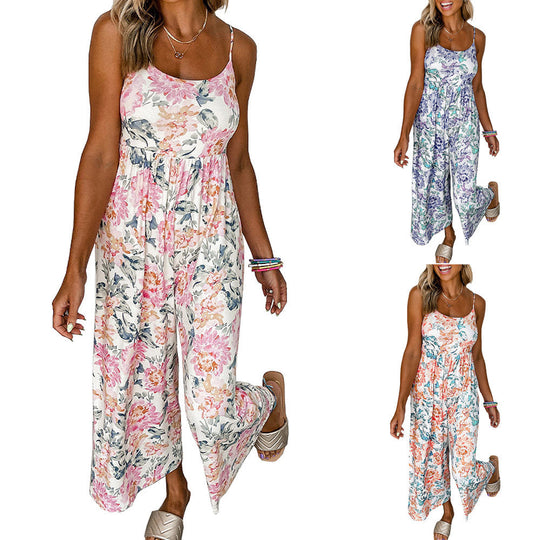 Damen Luftiger Jumpsuit mit floralen Details und schmalen Trägern