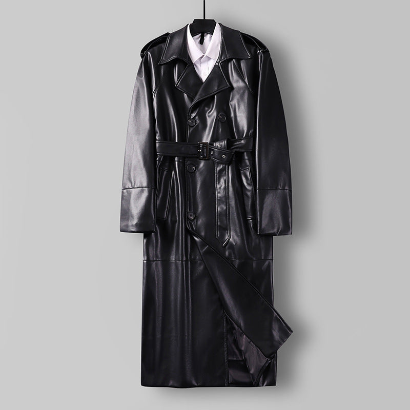 Herren Langer Kunstleder-Trenchcoat mit Doppelreiher, Taillengürtel und Schulterklappen Shop Nory