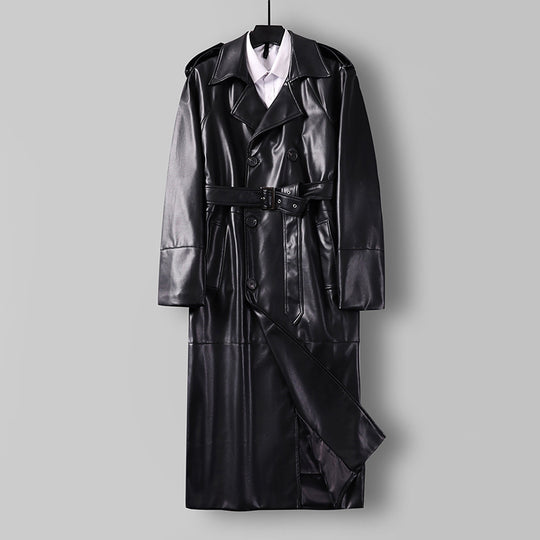 Herren Langer Kunstleder-Trenchcoat mit Doppelreiher, Taillengürtel und Schulterklappen Shop Nory
