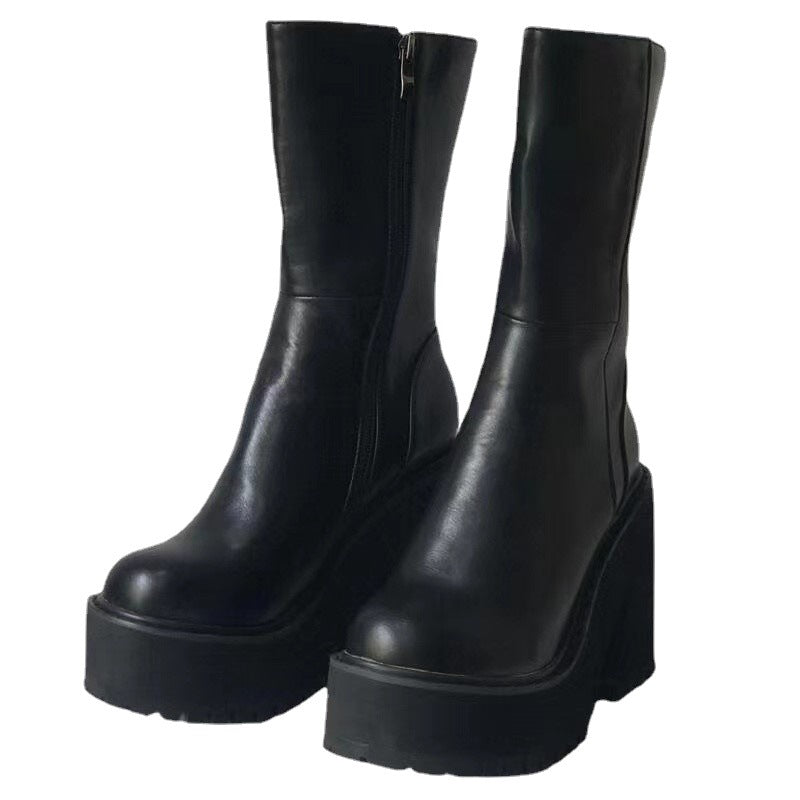 Damen Plateau-Stiefel mit hohem Blockabsatz und modischem Reißverschluss Shopnory