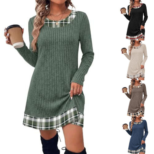 Damen Gerippte Longshirt‑Kleid mit Karierter Saum‑ und Ausschnittblende Shop Nory