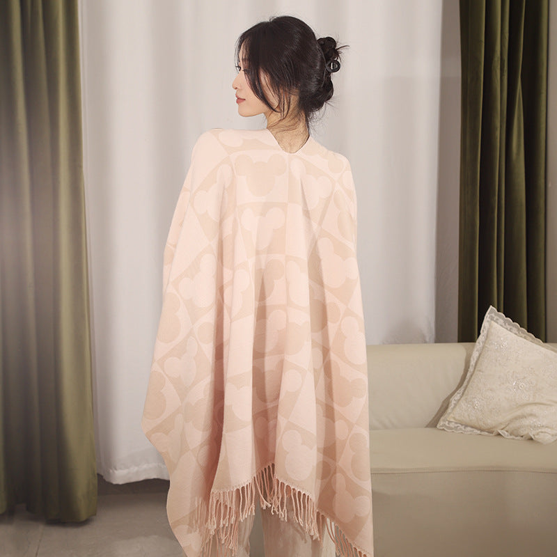 Damen Oversize-Jacquardponcho mit grafischem Kopf-Silhouettenmuster und Fransen Shop Nory