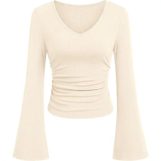 Damen Geripptes Cropped-Top mit V-Ausschnitt, taillierter Raffung und ausgestellten Trompetenärmeln Shop Nory