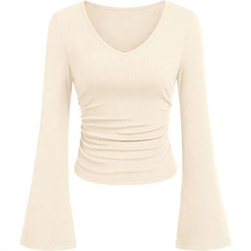 Damen Geripptes Cropped-Top mit V-Ausschnitt, taillierter Raffung und ausgestellten Trompetenärmeln Shop Nory