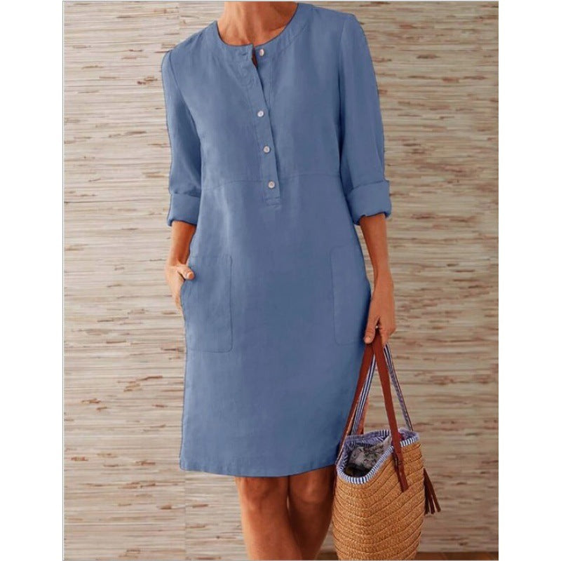 Damen Locker geschnittenes Leinenoptik-Kleid mit dreiviertel-Ärmeln, Knopfleiste und Eingrifftaschen Shop Nory