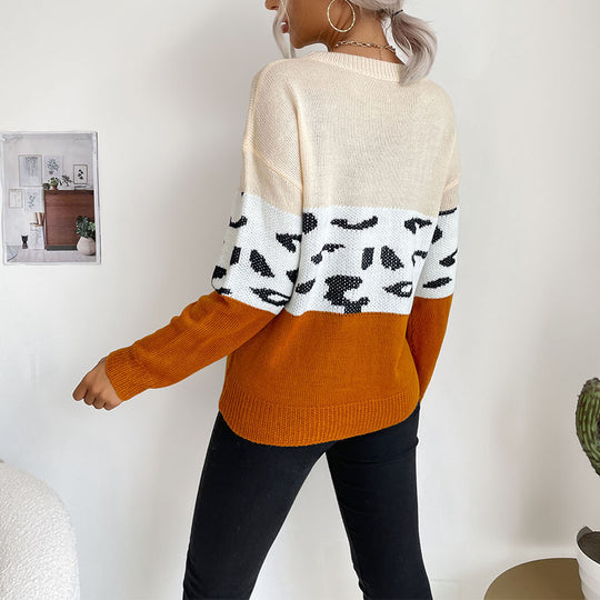 Damen Boxy-Strickpullover im Colorblock-Leopardmix mit Rundhals und gerippten Ärmeln Shop Nory