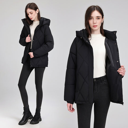 Damen nan luxuriöse kurze Pufferjacke mit integriertem Windschutzkragen und Taillengürtel Shop Nory