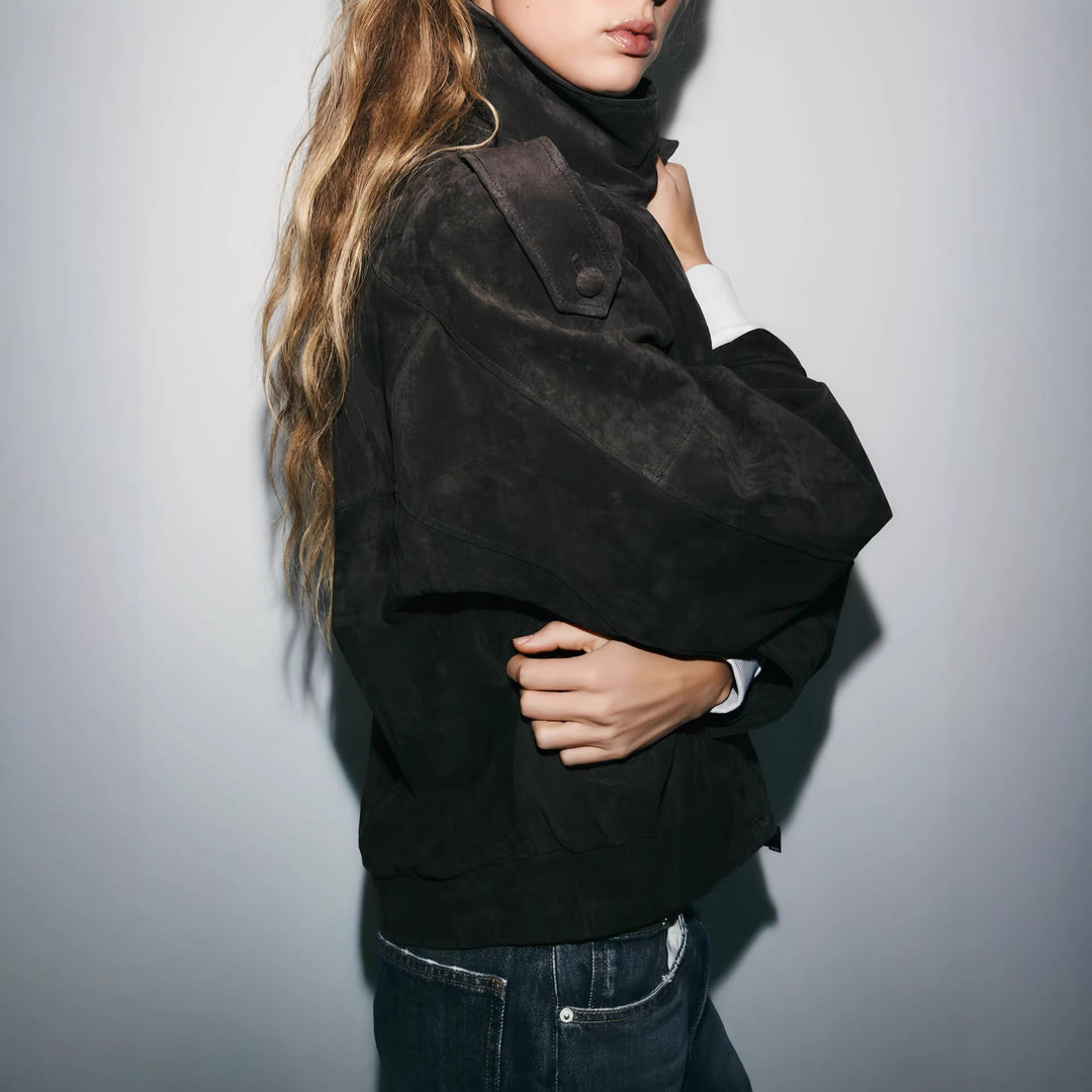 Damen Lässige Wildlederjacke mit hohem Kragen