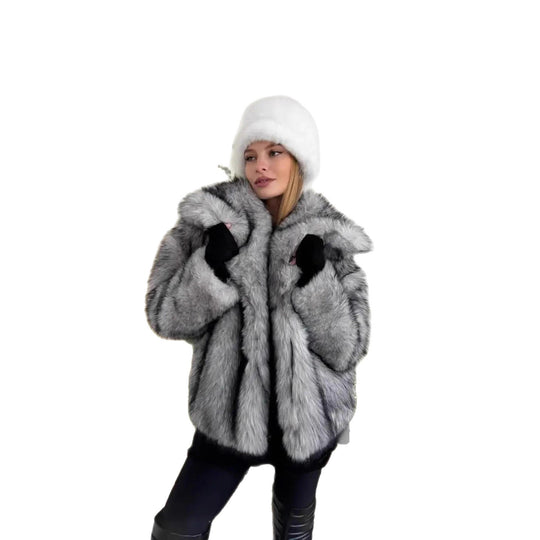 Damen Kurzmantel aus gestreiftem Hochflor-Kunstpelz, Boxy‑Silhouette und breitem Revers Shop Nory