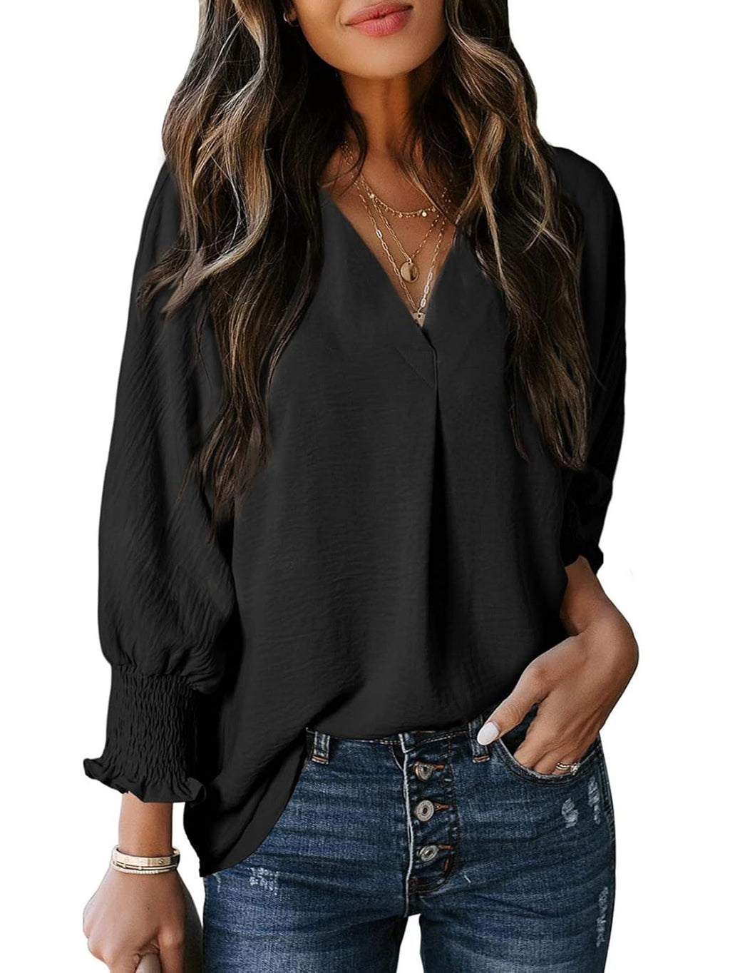 Damen V-Ausschnitt Bluse mit lässigen Ballonärmeln und Rüschendetails