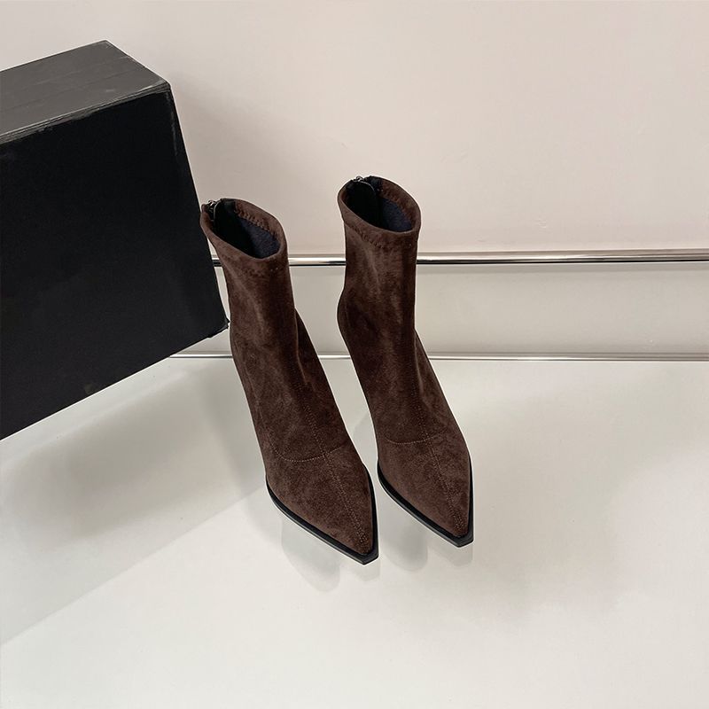 Damen Spitz zulaufende Ankle-Boots aus Veloursoptik mit sockenhaftem Schaft und schlankem Stiletto-Absatz Shop Nory